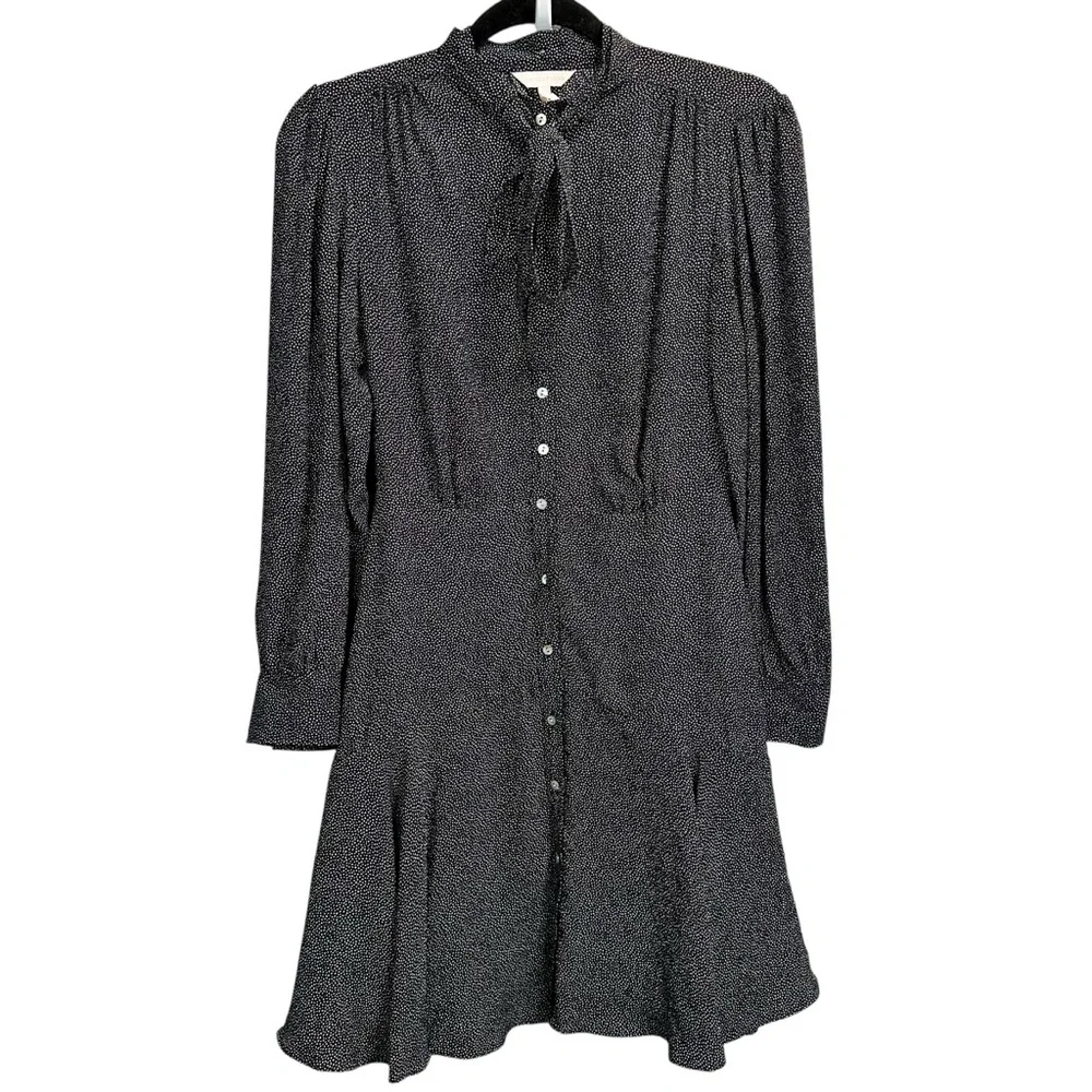 REBECCA TAYLOR Tie-Neck Button-Front Long-Sleeve Sprinkle-Dot Silk Dress - Picture 6 of 10